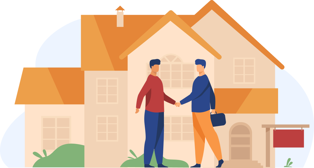 An agent and a client shaking hands in front of a home